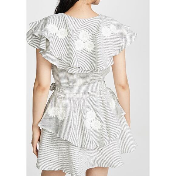 Innika Choo Striped Ruffle Mini Dress OS Linen Floral Embroidery Sailor Wrap - Picture 11 of 16